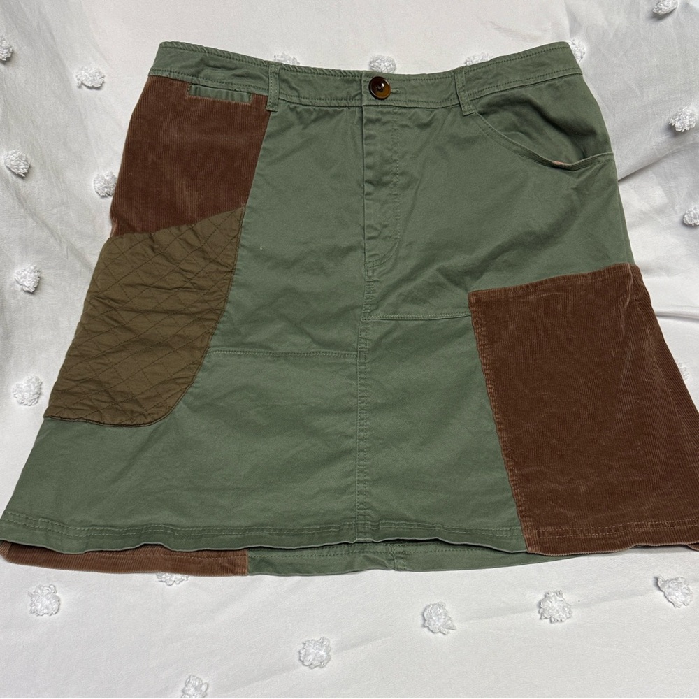 Meadow Rue by Anthropologie Green and Brown Patchwork A-Line Skirt SIZE 14
